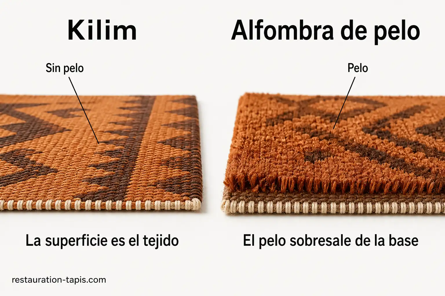 Comparación de superficies: en un kilim se pisa el tejido plano; en una alfombra de pelo, las fibras sobresalen de la base.
