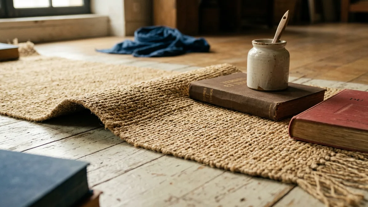 Comment détendre un tapis en jute gondolé sur un parquet en bois en y posant de lourds livres et un pot.