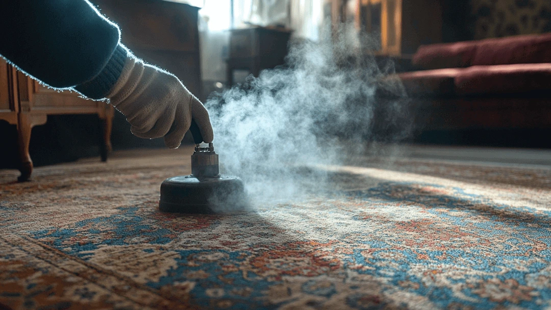 Comment raidir un tapis grâce à une main gantée appliquant un appareil à vapeur fumant directement sur le tissu à motifs.