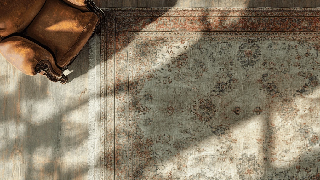 Comment redresser les bords d'un tapis posé à plat sur du parquet en bois à côté d'un fauteuil en cuir marron.