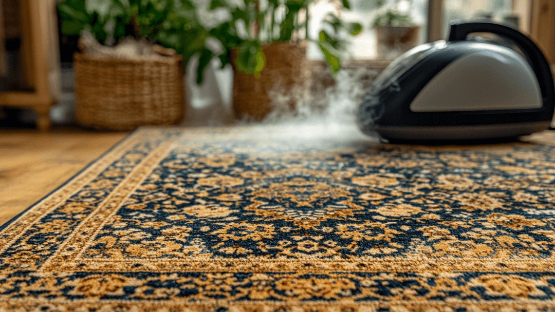 Comment redresser un tapis qui ondule avec un nettoyeur à vapeur diffusant de la brume sur un tapis persan posé sur du parquet.