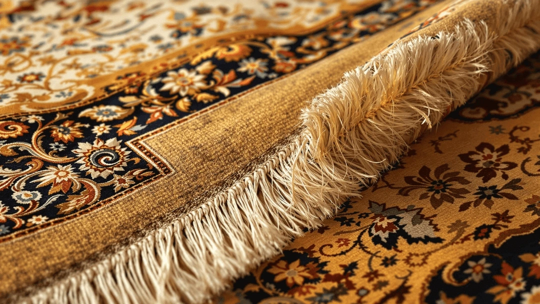 Comment réparer un tapis en laine fait main en observant ce modèle aux motifs floraux dorés, son bord replié et ses franges beige.