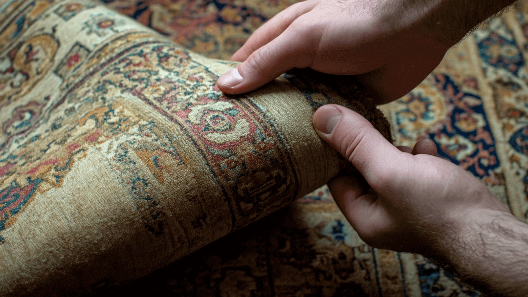 Comment réparer un tapis qui s'enroule avec deux mains qui aplatissent le bord courbé d'un tapis à motifs traditionnels.