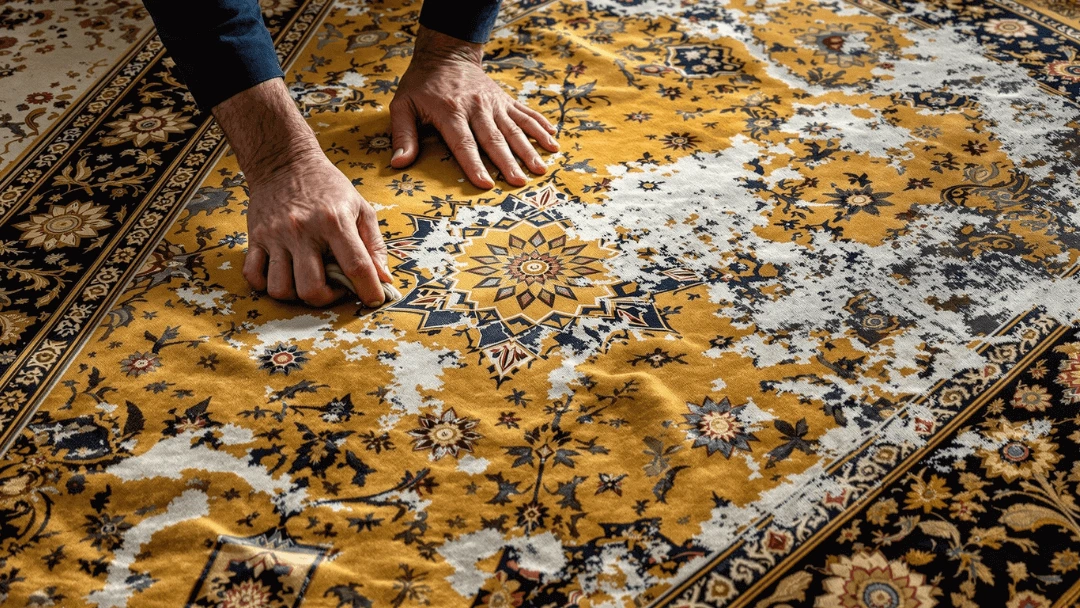 Comment restaurer un tapis ancien soi-même avec deux mains posées à plat sur un grand tapis oriental jaune fortement usé.