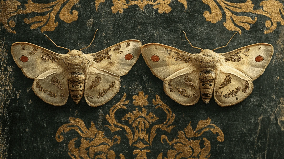 Se débarrasser des mites de tapis montre deux gros papillons beiges posés sur un textile sombre aux motifs dorés.