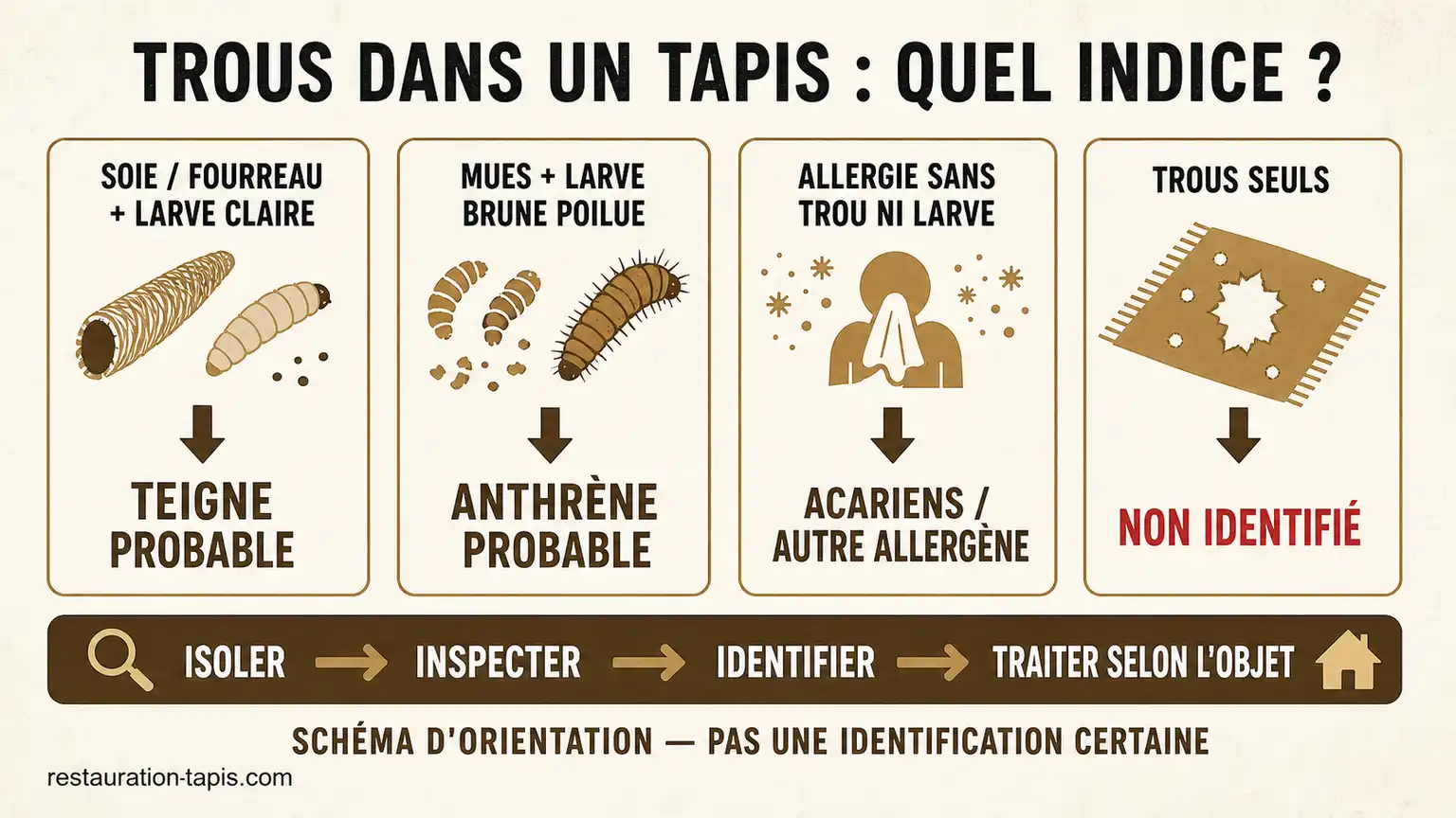 Schéma d'orientation distinguant teigne textile, anthrène, acariens et trous non identifiés selon les indices observés