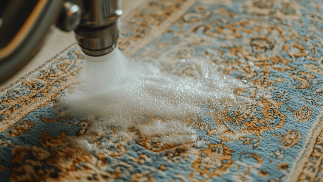 Comment utiliser une machine de nettoyage de tapis pour projeter de la mousse blanche avec un embout métallique sur un tapis bleu ornemental.