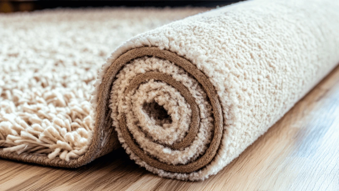 Enrouler un tapis dans le bon sens, illustré par ce tapis beige épais à poils longs enroulé sur un parquet en bois clair.