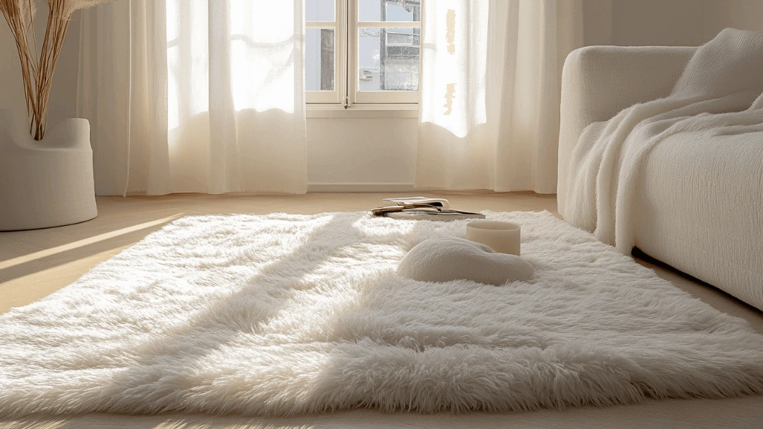 Comment empêcher un tapis en laine de sentir mauvais dans ce salon où un tapis blanc moelleux repose près d'un canapé.