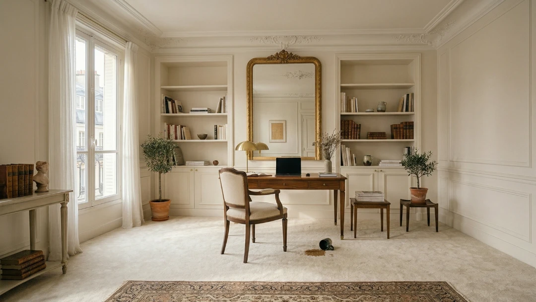 Tasse de thé renversée sur une moquette beige dans un bureau d'appartement parisien avec bibliothèques et miroir doré.