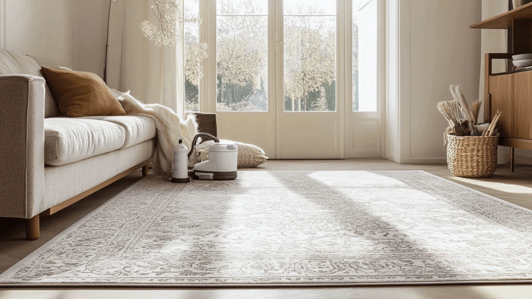 Tapis clair dans un salon contemporain parisien : exemple type pour illustrer la routine recommandée pour entretenir un tapis chez soi