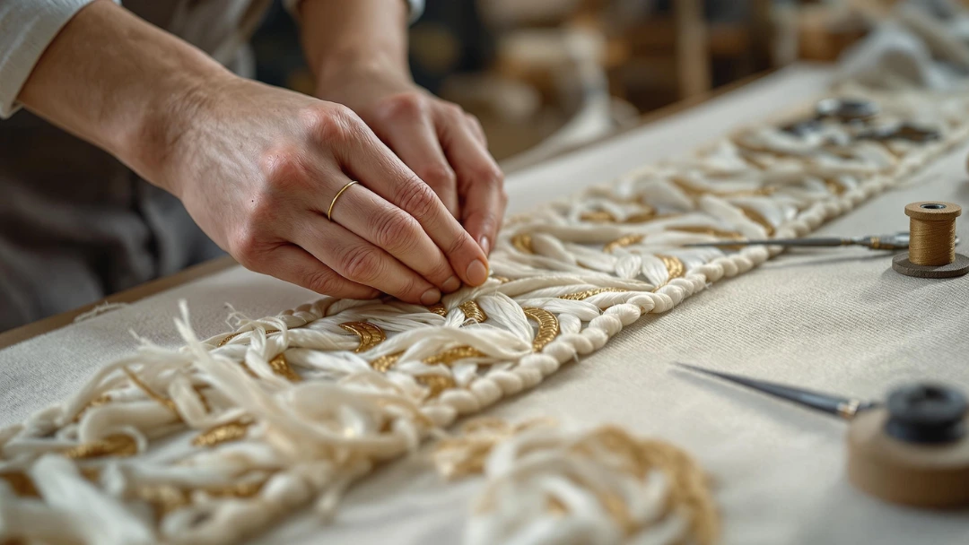 Restauration artisanale des bordures d'un tapis effiloché avec fils dorés et ivoire, réalisée à la main par un expert.