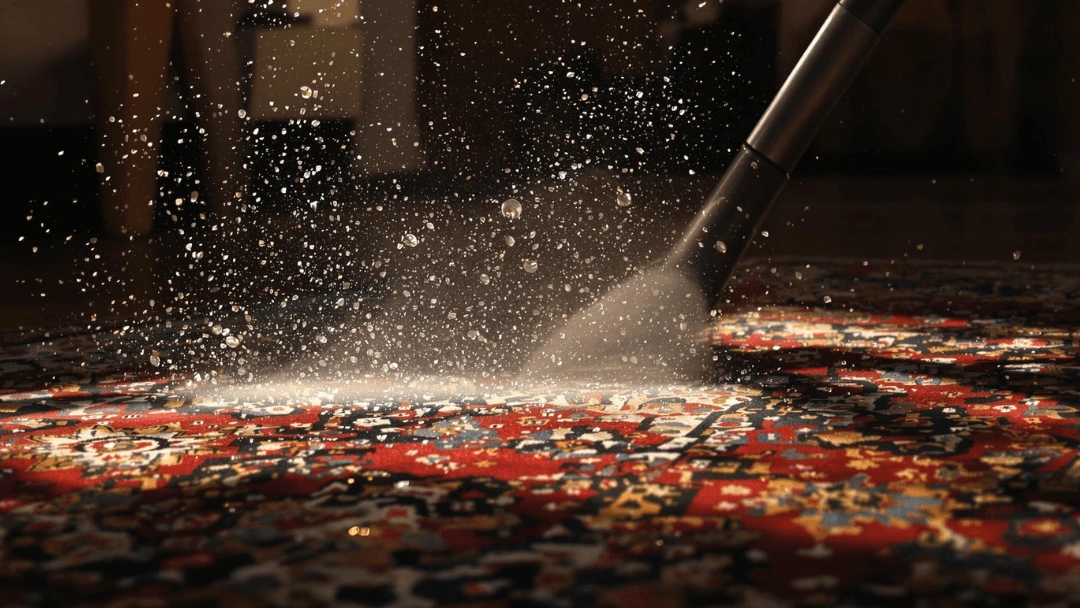 Nettoyeur vapeur en action sur un tapis oriental coloré, projetant des gouttelettes d'eau dans l'air sous un éclairage dramatique, montrant le processus de nettoyage.