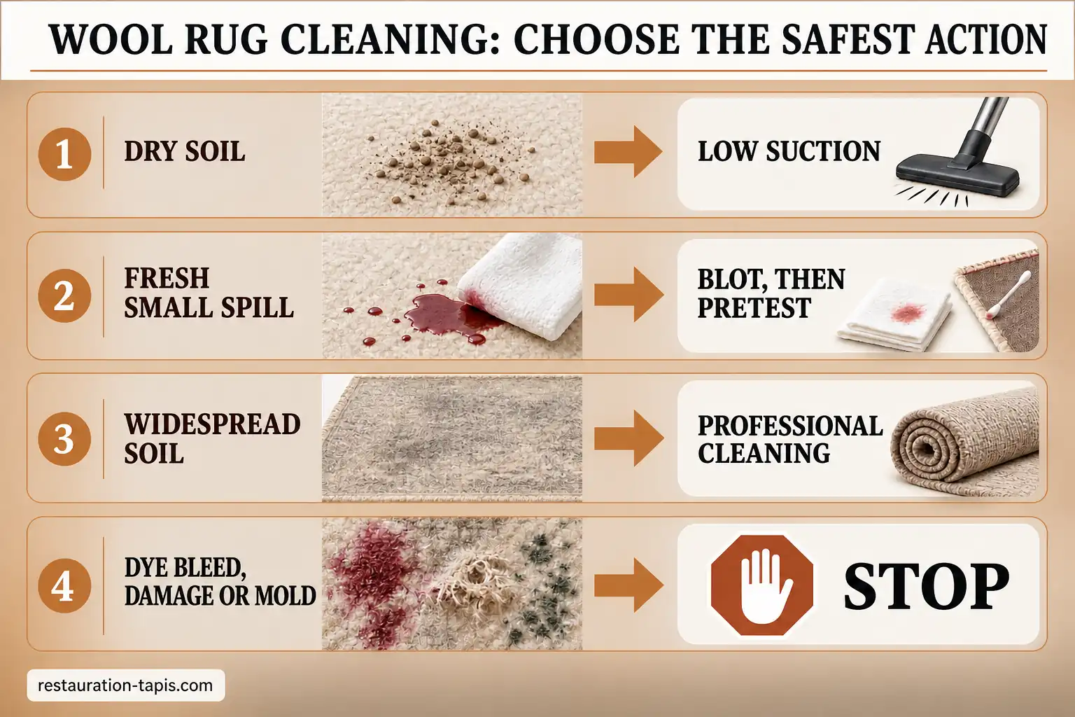 Decision guide for wool rug cleaning: use low suction for dry soil, blot and pretest a fresh spill, seek professional cleaning for widespread soil, and stop for dye bleed, damage, or mold