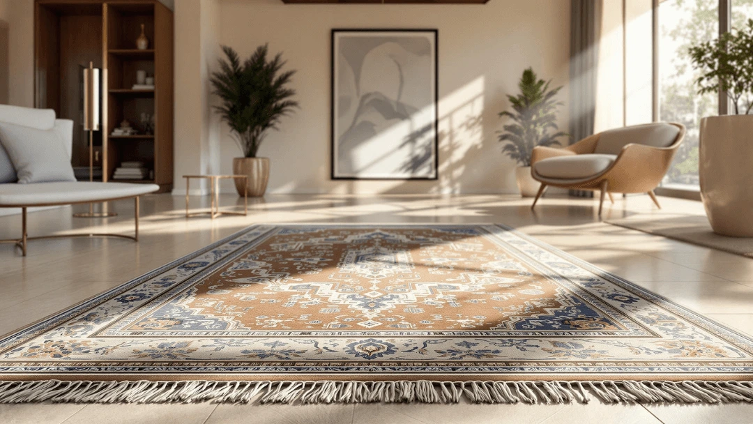 Franges blanches d'un tapis oriental de luxe nettoyé, baignées par la lumière naturelle dans un salon élégant.
