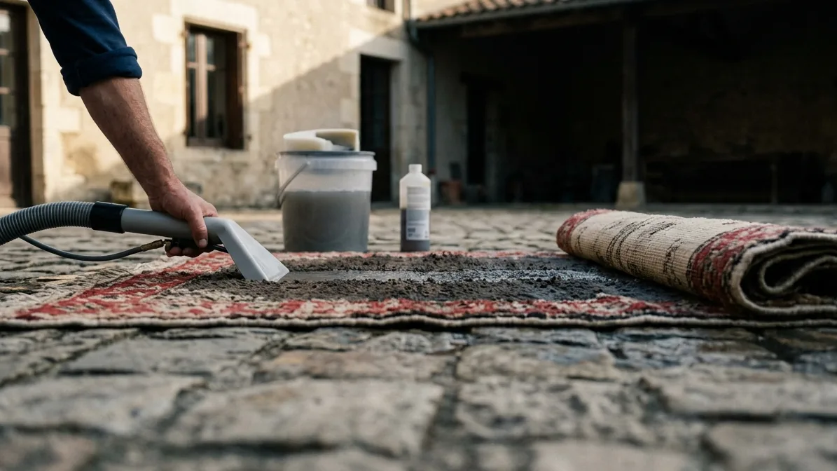Nettoyer un tapis au Kärcher à l'aide d'un embout d'injection-extraction appliqué sur le textile, près d'un seau d'eau et d'un flacon.