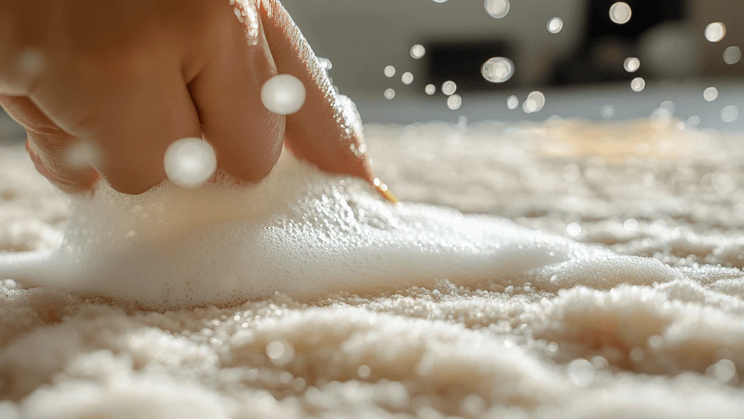 Main appliquant de la mousse de shampoing sur un tapis beige pour un nettoyage en profondeur, avec une lumière naturelle illuminant la scène.