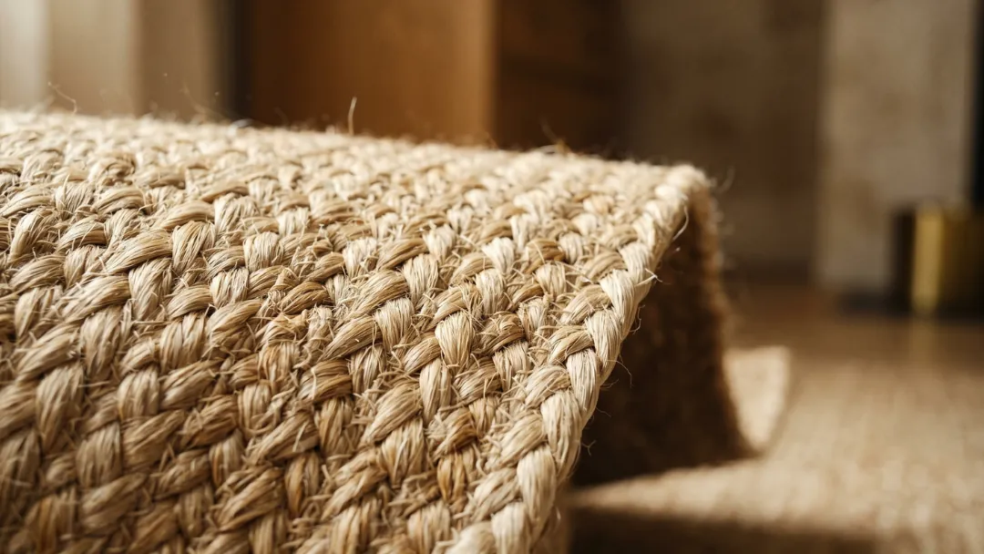 Gros plan sur les fibres naturelles tressées d'un tapis en jute sec et sain, dans un intérieur chaleureux.
