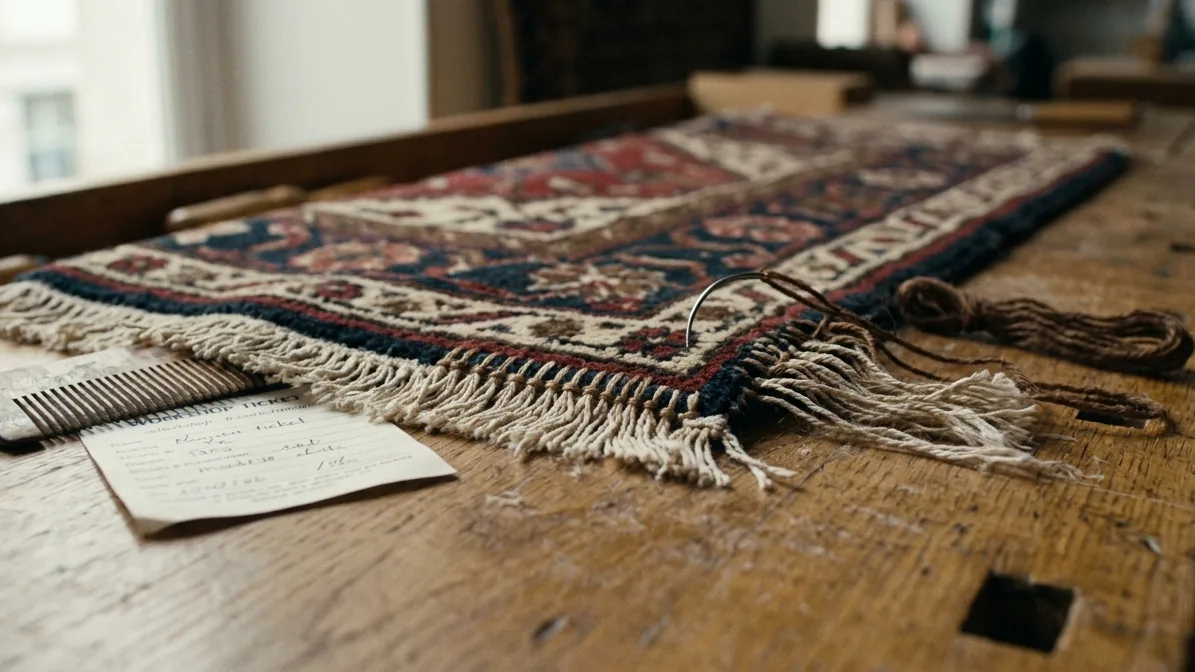Combien coûte la restauration d'un tapis en 2026 présente un tapis à motifs posé sur un établi en bois, près d'une aiguille courbe et d'une fiche.