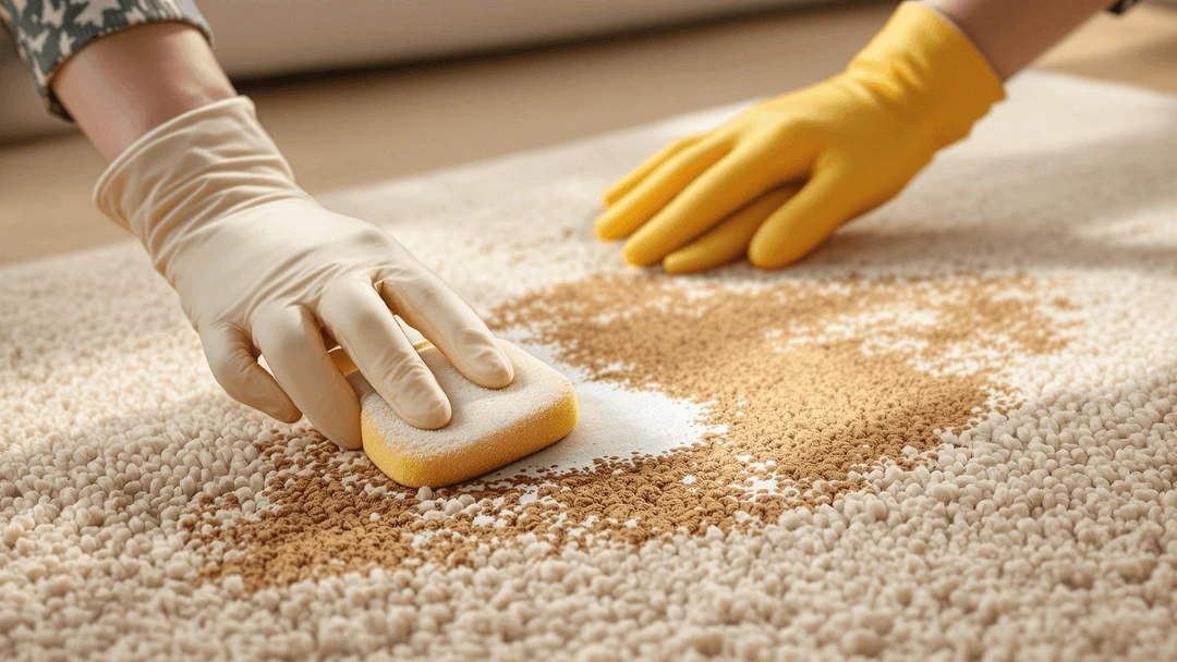 Personne nettoyant une tache de café sur un tapis clair avec une éponge et du bicarbonate de soude pour éliminer les odeurs désagréables.