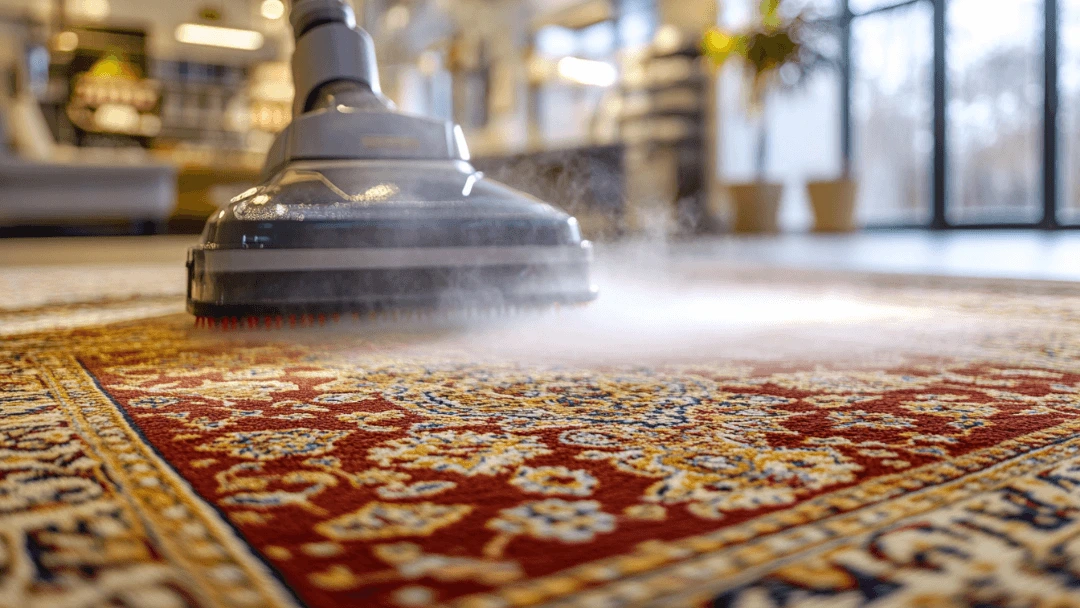 Un nettoyeur vapeur utilisé sur un tapis persan aux motifs complexes, illustrant un nettoyage en profondeur dans une pièce moderne et lumineuse.