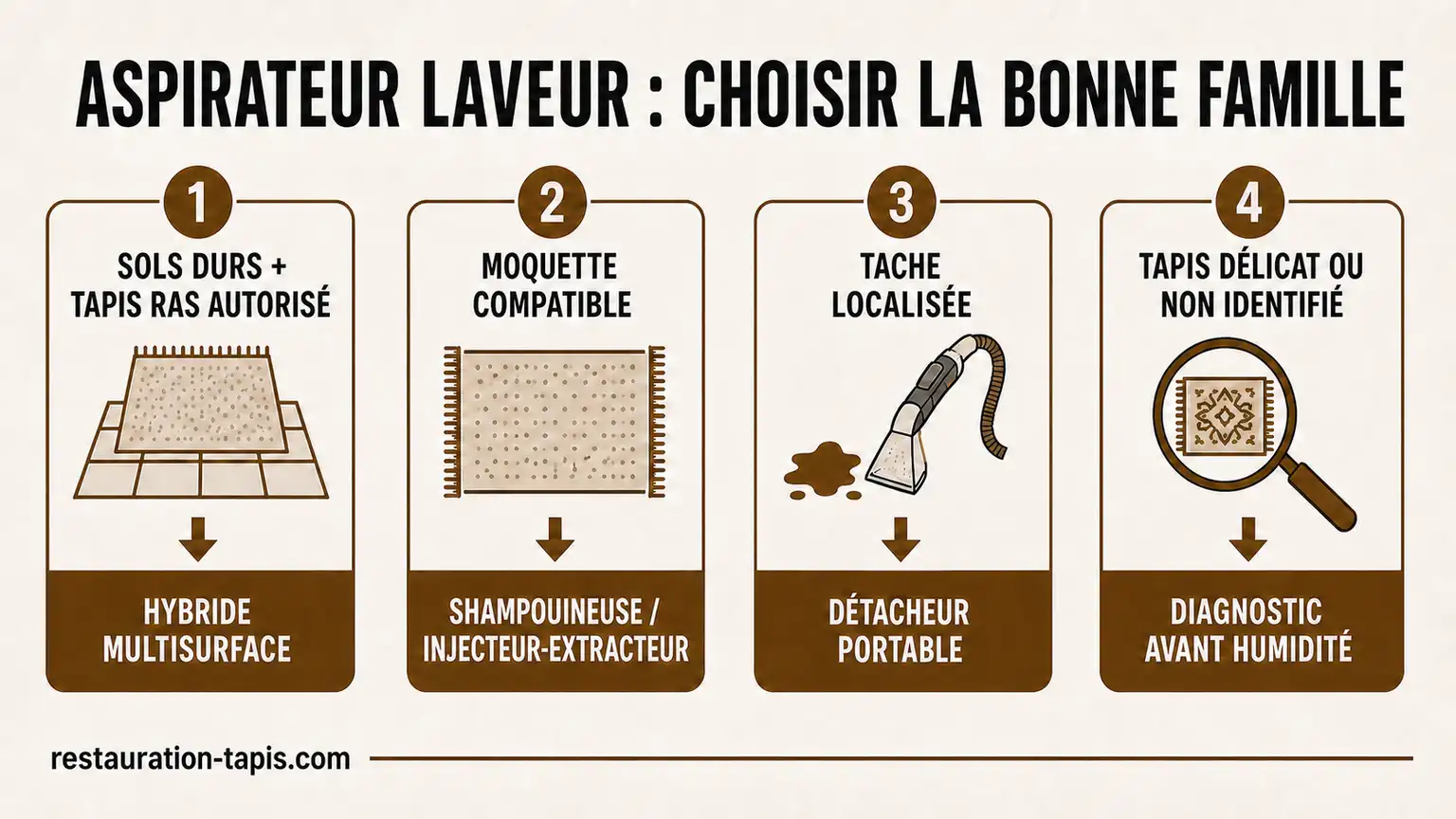 Arbre de décision comparant hybride multisurface, injecteur-extracteur, détacheur portable et diagnostic préalable selon le tapis