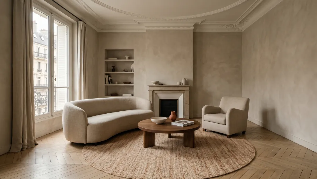 Tapis rond posé sous une table basse ronde dans un salon parisien clair, adoucissant les lignes de la pièce.