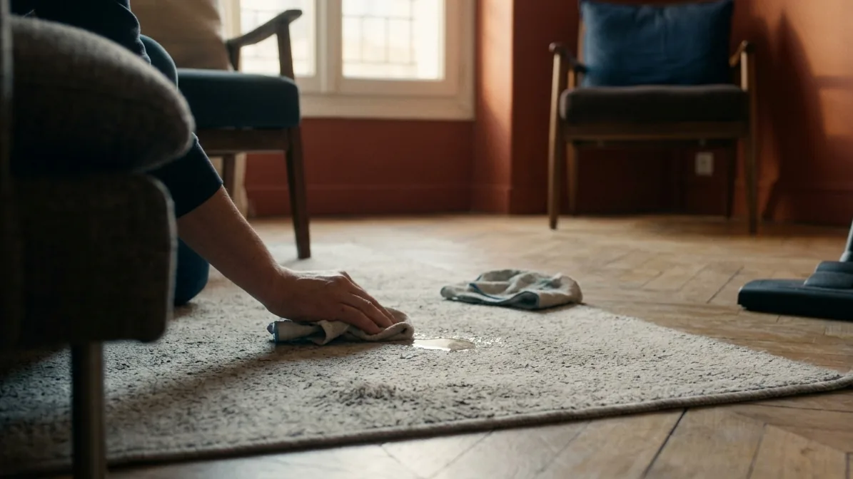 Tapis en polypropylène posé sur du parquet, où une main essuie un liquide avec un chiffon devant un fauteuil.