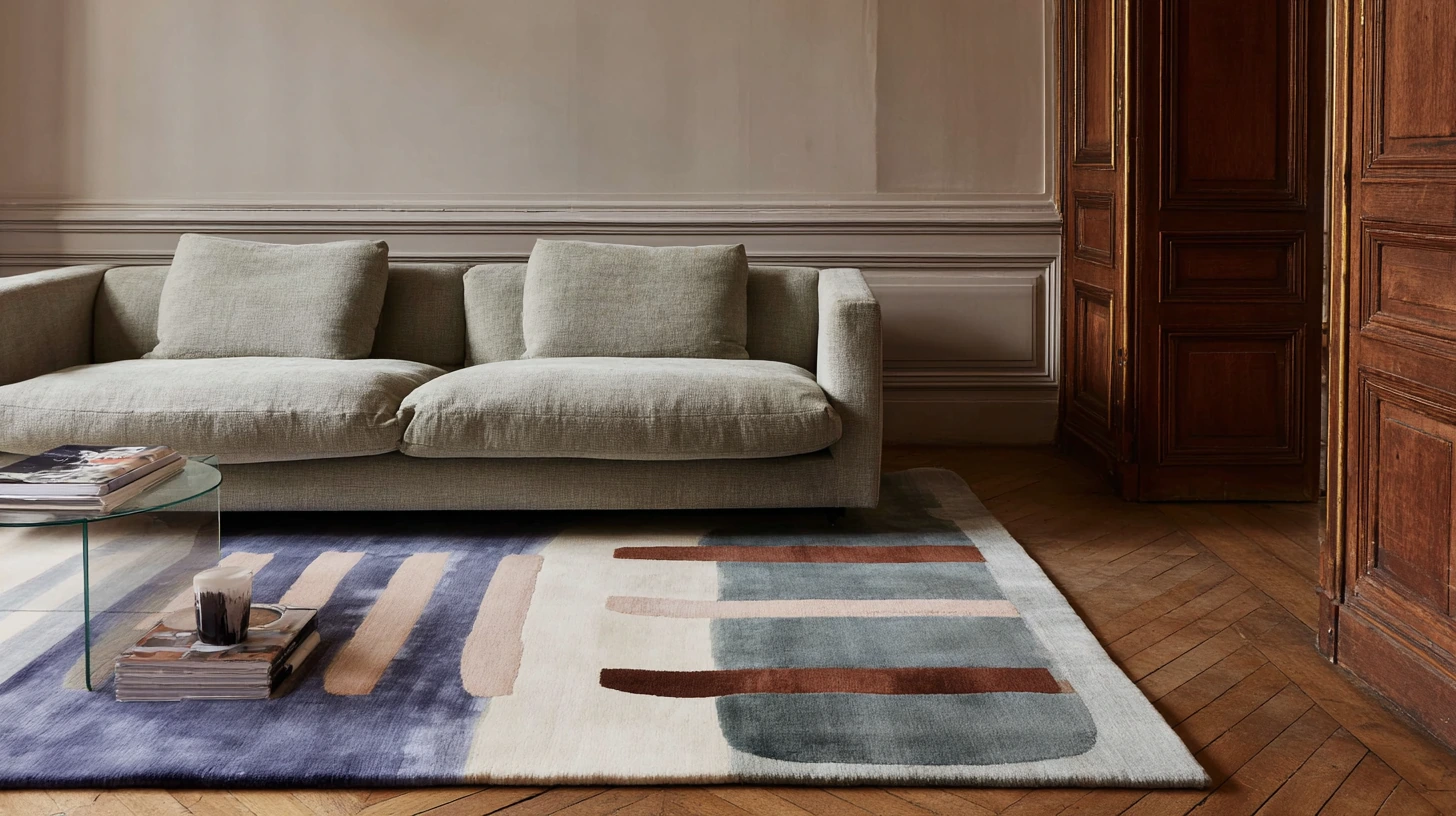 Tapis en laine fait main aux motifs modernes dans un salon élégant.