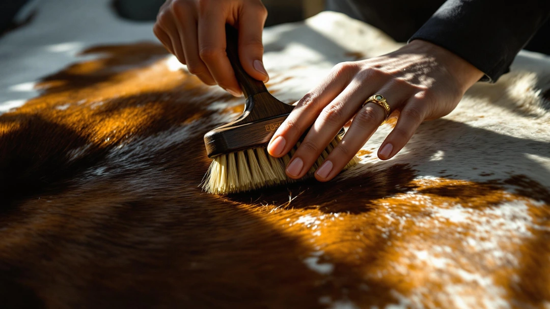 Brossage artisanal d'un tapis en peau de vache haut de gamme à la lumière naturelle.