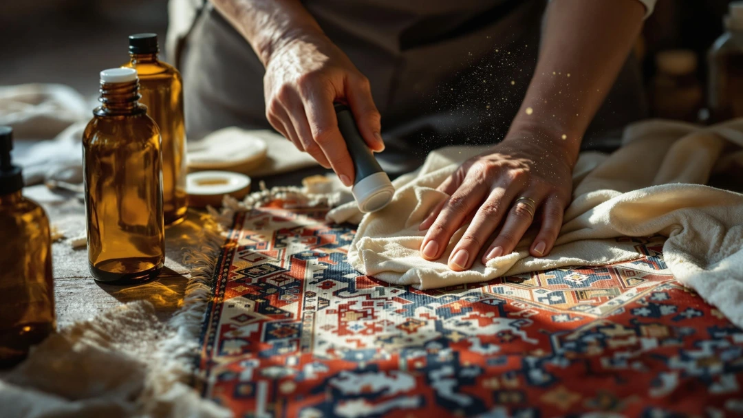 Nettoyage à sec d'un tapis oriental avec un chiffon doux et un produit professionnel, dans un atelier de restauration artisanal à la lumière naturelle.