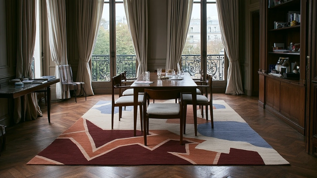 Tapis rectangulaire posé sous une table à manger en bois, dépassant largement pour que les chaises restent sur le tapis, dans une salle à manger lumineuse.