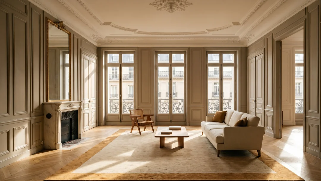 Tapis rectangulaire dimensionné sous un canapé et sa table basse, dans un grand salon haussmannien lumineux.