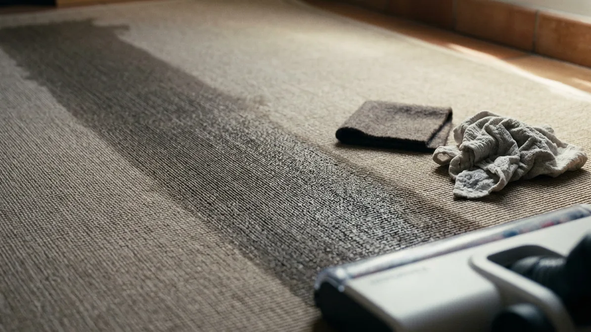 Aspirateur laveur sur tapis, un appareil gris mat posé sur un tapis oriental rouge et bleu, près d’une cheminée en marbre dans un intérieur parisien.