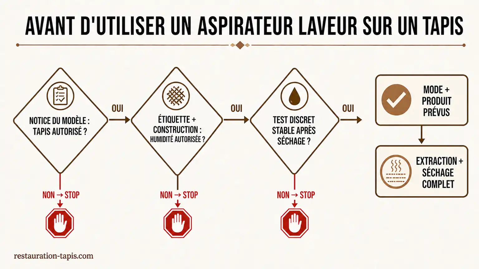 Arbre de décision : notice de l'appareil, construction du tapis et test doivent tous autoriser le passage humide avant utilisation